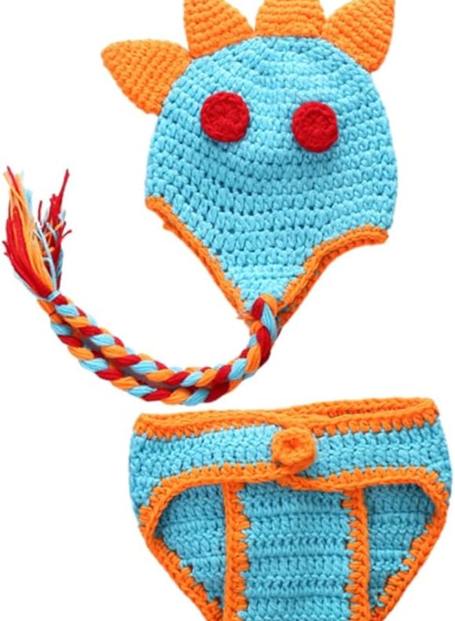 Newborn Dinosaur Costume Set 2pcs Blue with Orange Horns Photo Prop - Image 1